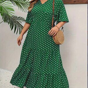 Green Polka Dot Print Casual V Neck Short Sleeve Tiered Dress